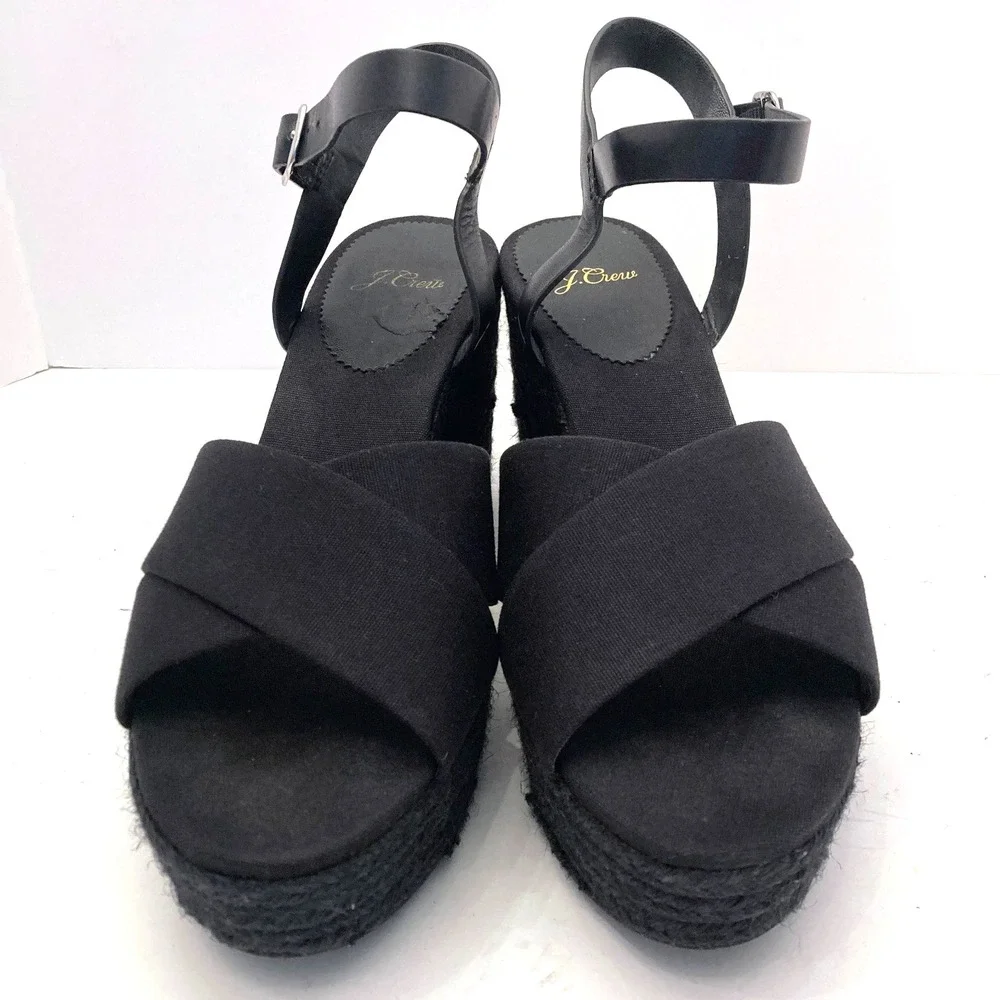 J.Crew Platform Sandals Womens 9.5‎ Black Espadrille High Heel Fabric Leather